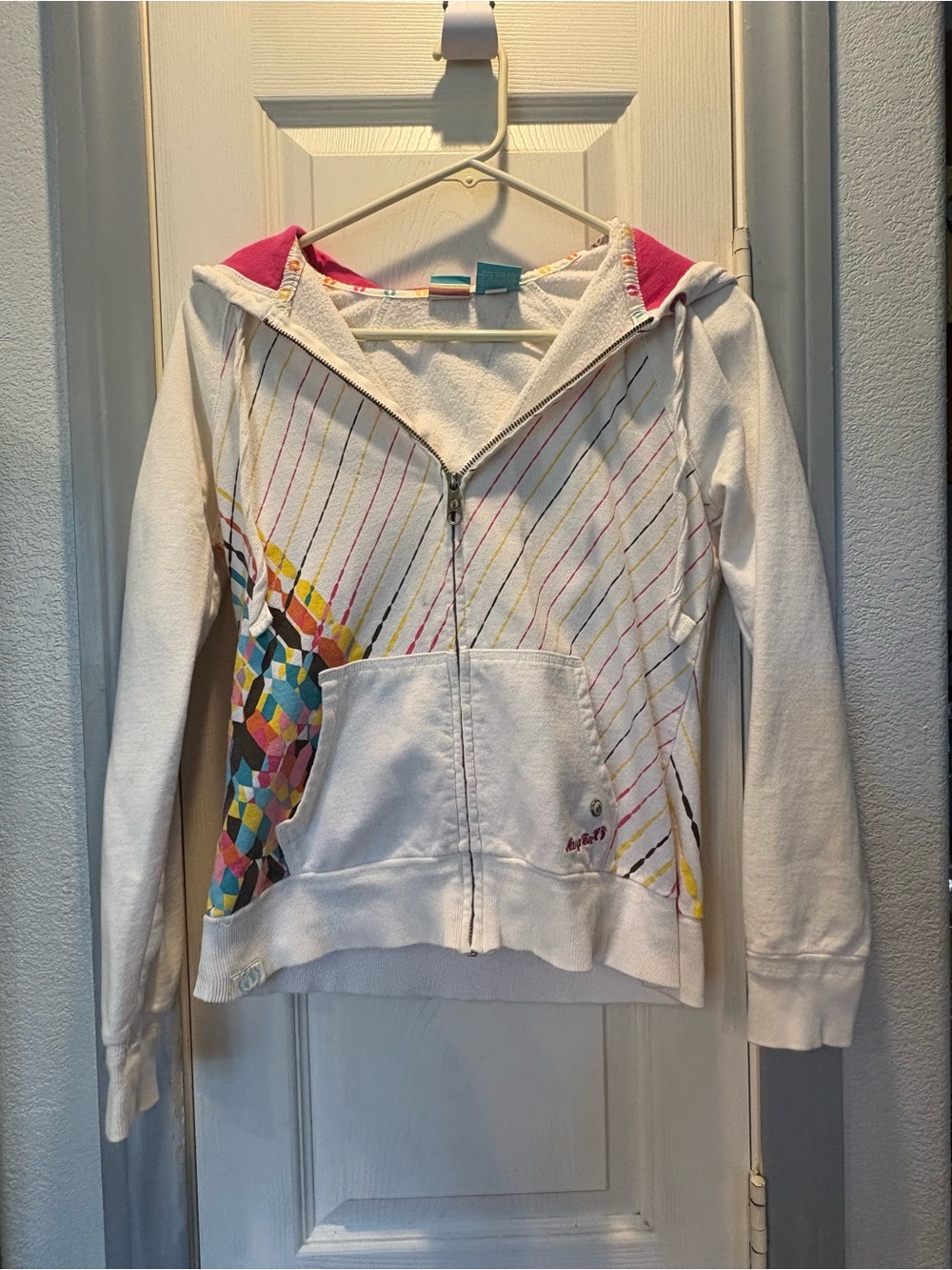 Hang Ten White Zip Hoodie with Pink Lined Hood and Multicolor Print